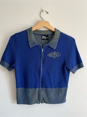 Basic Pleasure Mode Blue knit Zip up Polo top